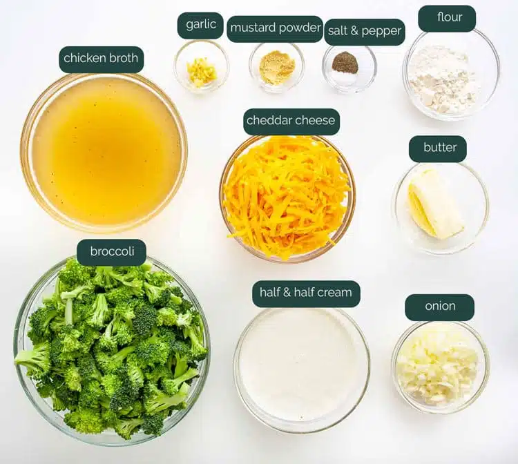 overhead shot of all the ingredients needed to make broccoli cheese soup