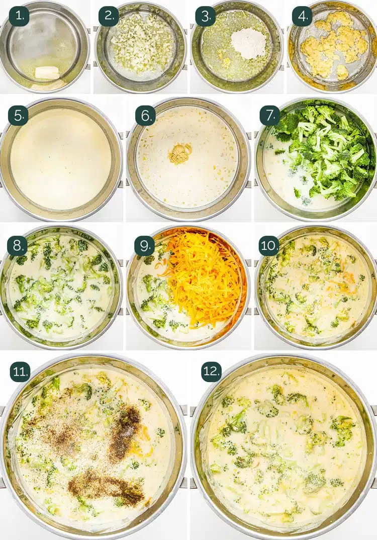 process shots showing how to make broccoli cheese soup