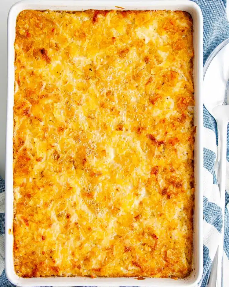 overhead shot of cheesy potato casserole fresh out of the oven