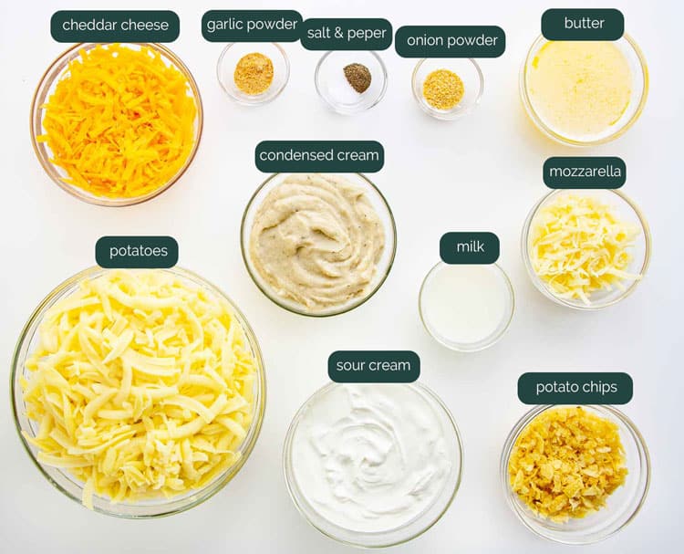overhead shot of ingredients necessary to make cheesy potato casserole