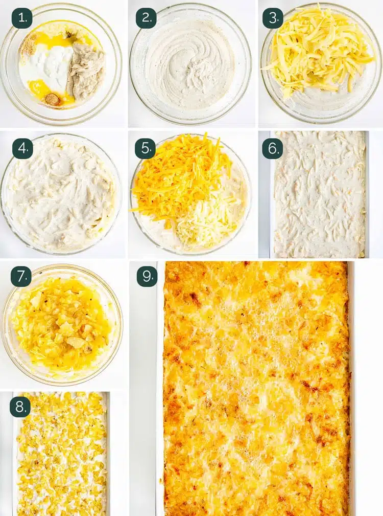process shots showing how to make cheesy potato casserole