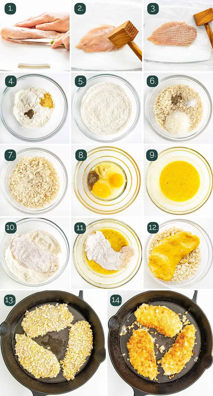 detailed process shots showing how to make crispy chicken cutlets
