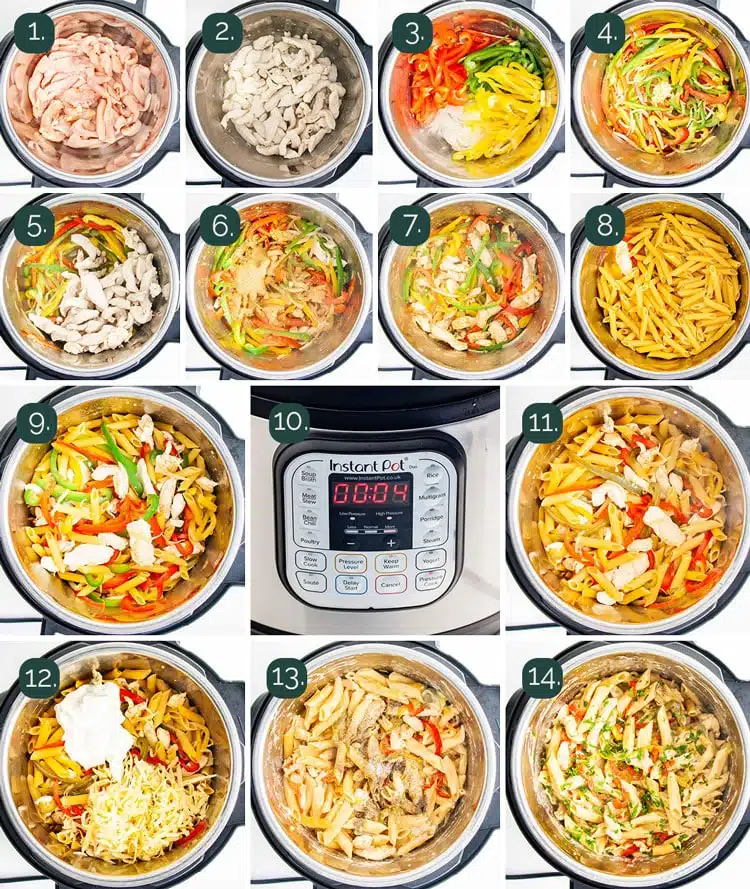detailed process shots showing how to make chicken fajita pasta in the instant pot