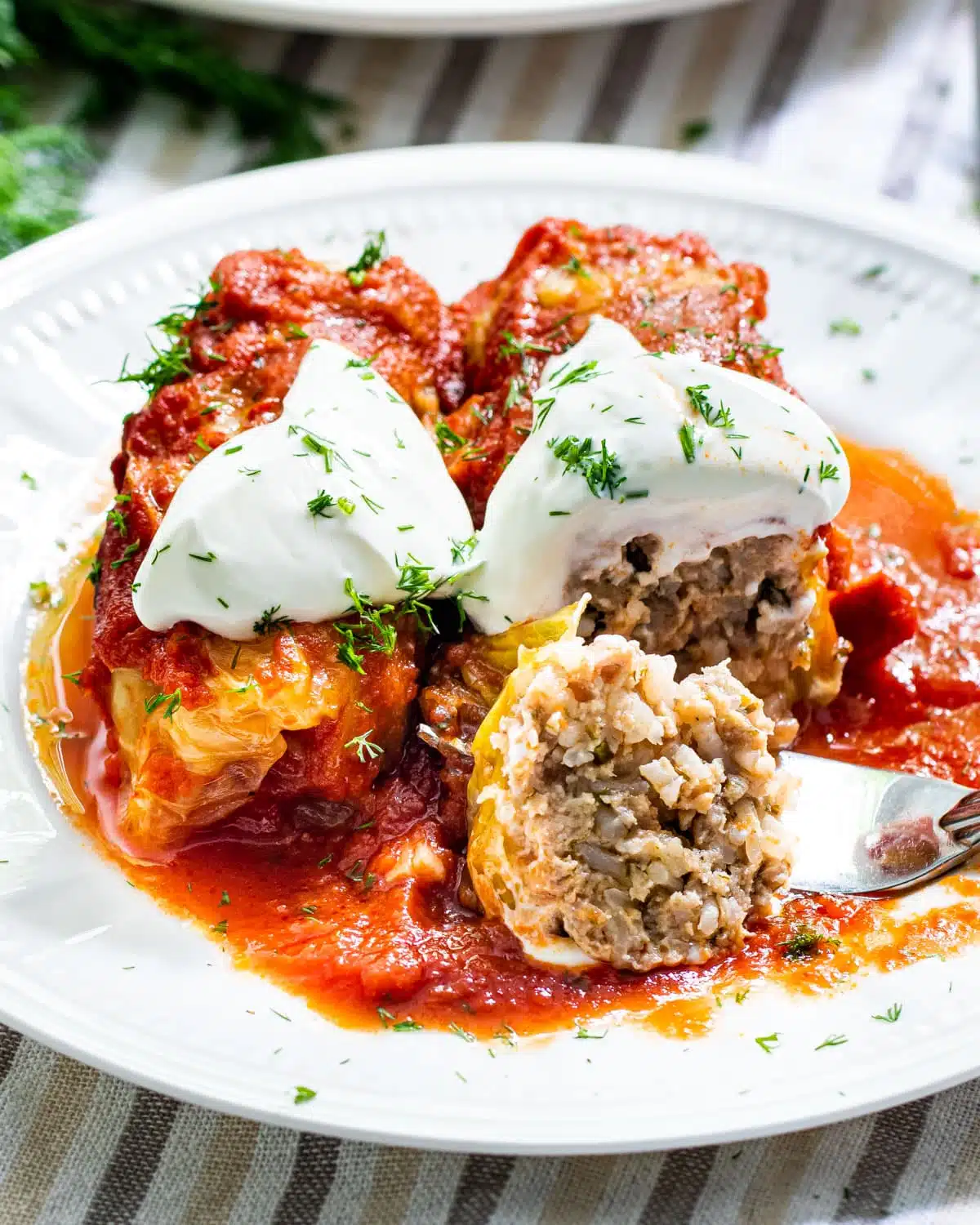 a white plate with two stuffed cabbage rolls topped with sour cream and one bite taken out of a roll