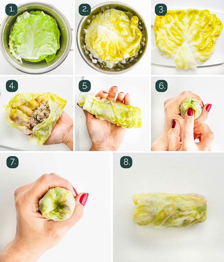detailed process shots showing how to prep cabbage and how to stuff cabbage rolls