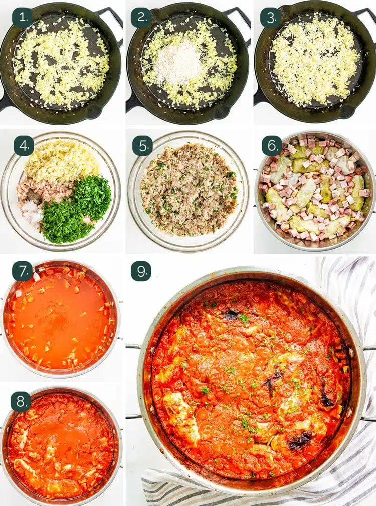 detailed process shots showing how to make the filling for cabbage rolls and how to cook them