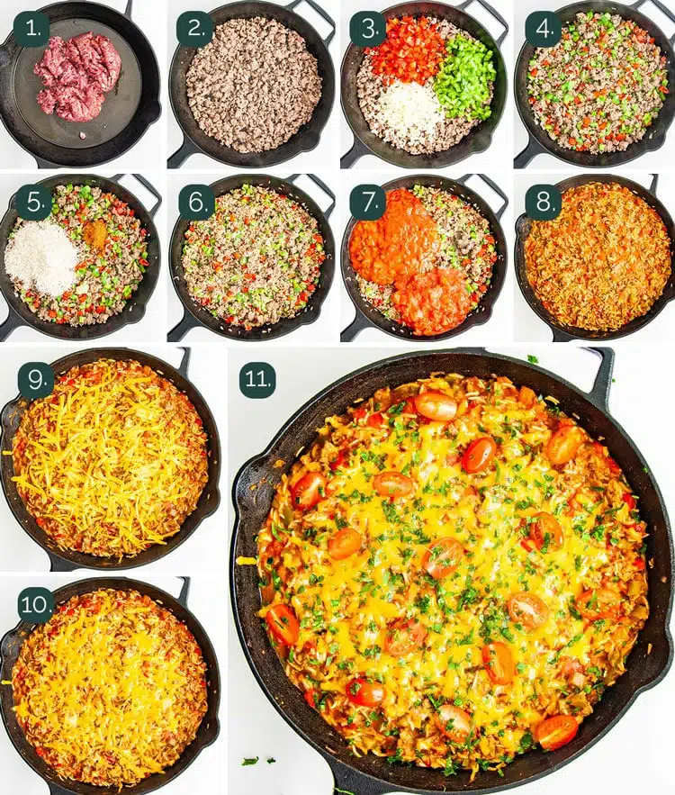 detailed process shots showing how to make taco stuffed pepper casserole in a skillet