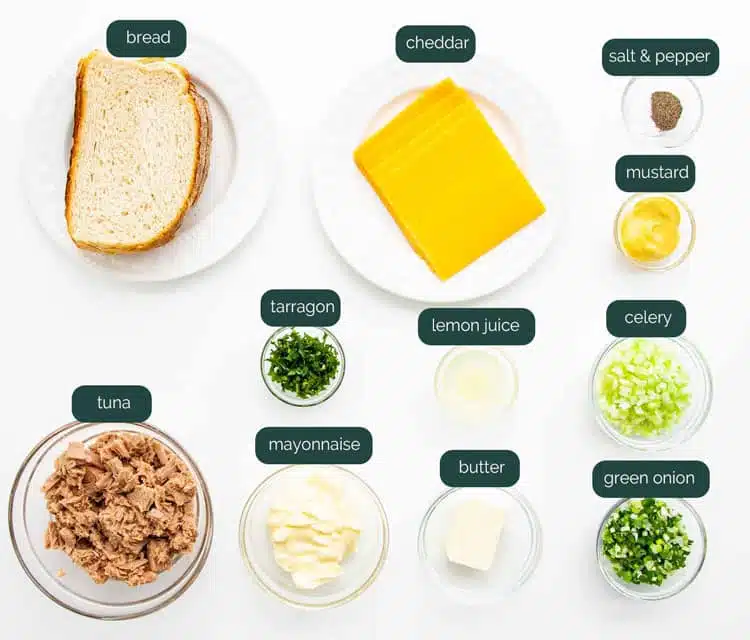 overhead shot of all the ingredients needed to make tuna melt sandwiches