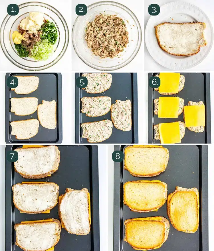 detailed process shots showing how to make tuna melts