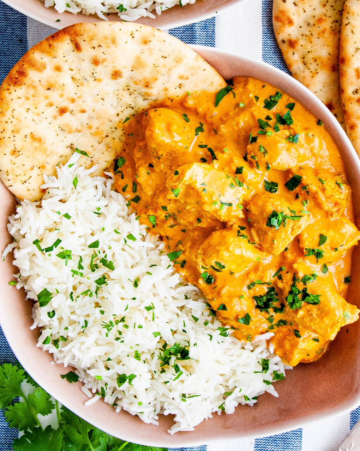 overhead shot of butter chicken in a pink plate next to a side of rice garnished with parsley and a slice of naan