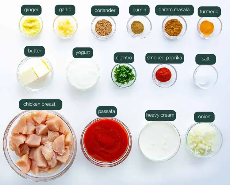 overhead shot of all the ingredients needed to make butter chicken
