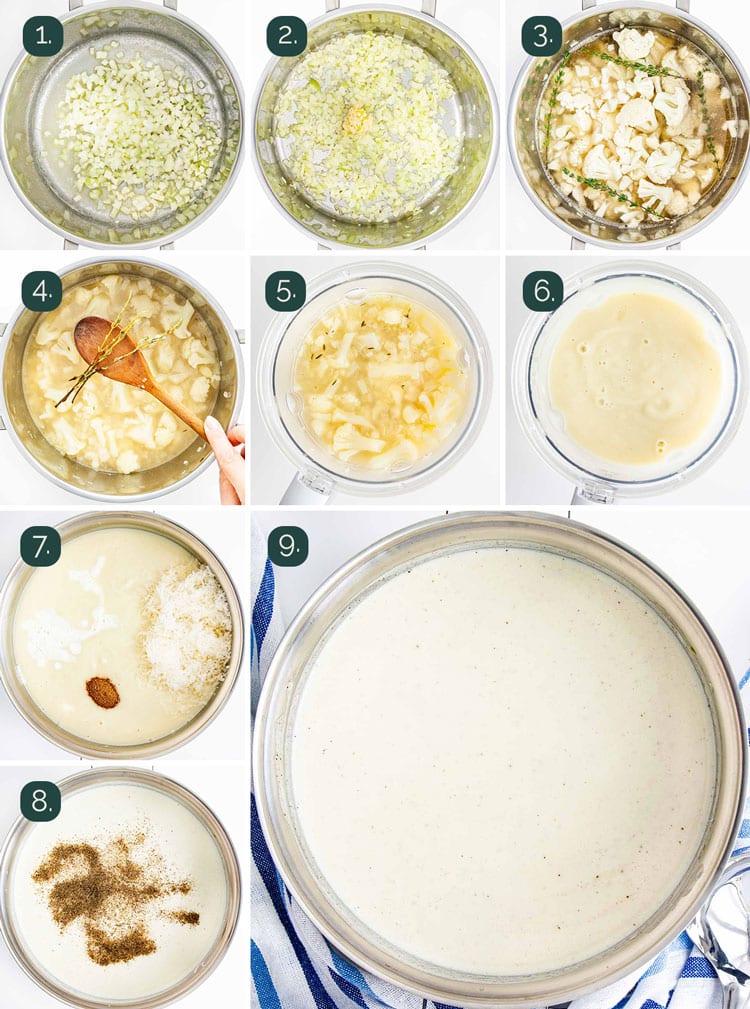 detailed process shots showing how to make cream of cauliflower soup