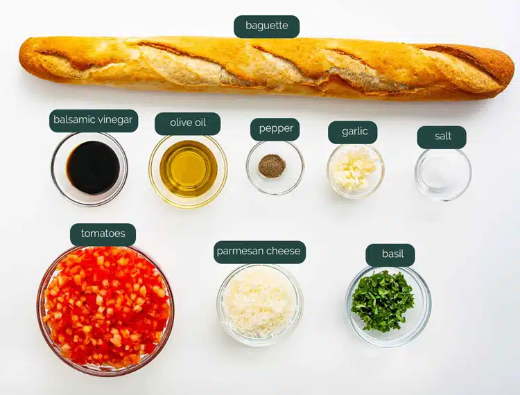 overhead shot of all the ingredients needed to make bruschetta
