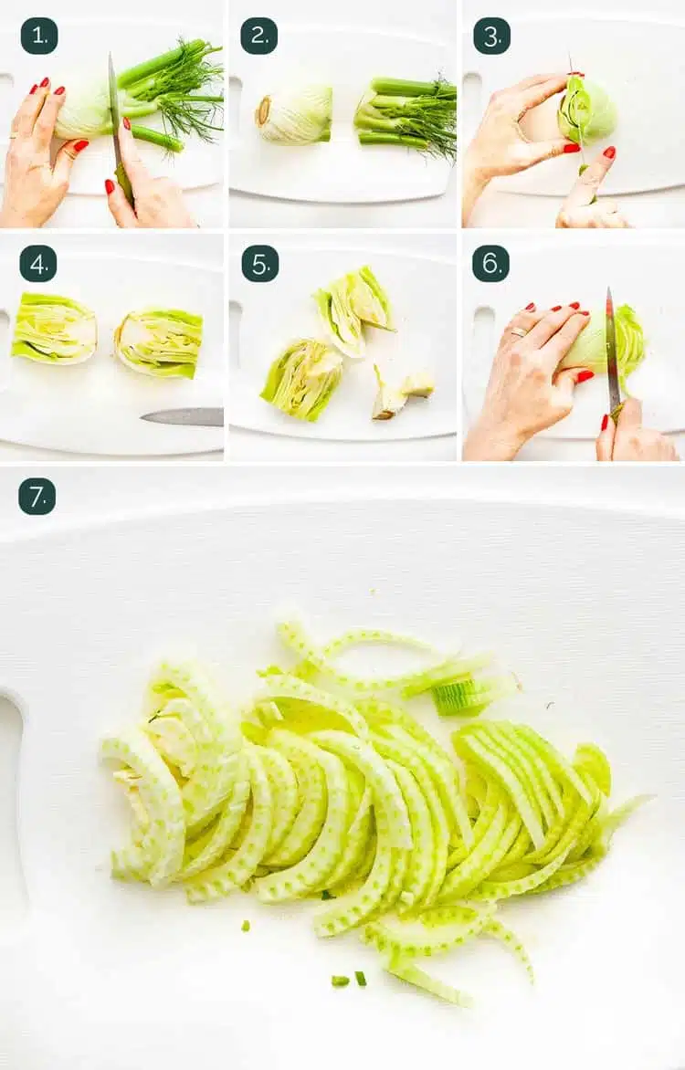 detailed shots showing how to prep and slice fennel bulbs