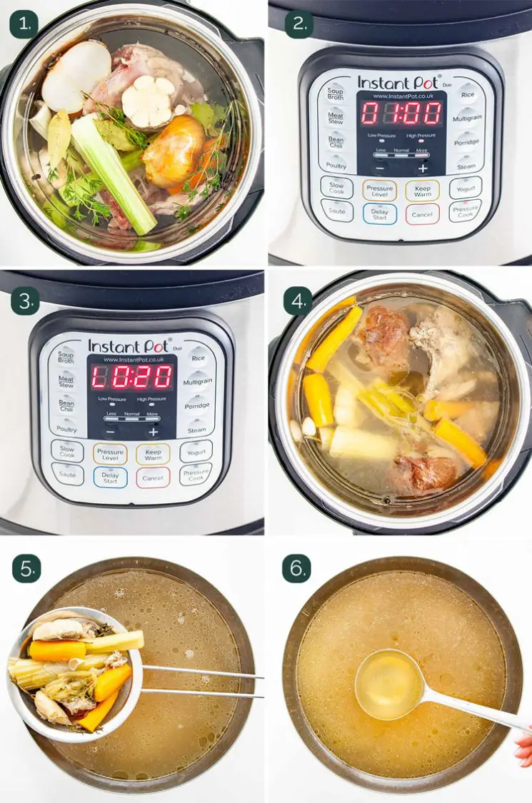 detailed process shots showing how to make chicken stock in the instant pot