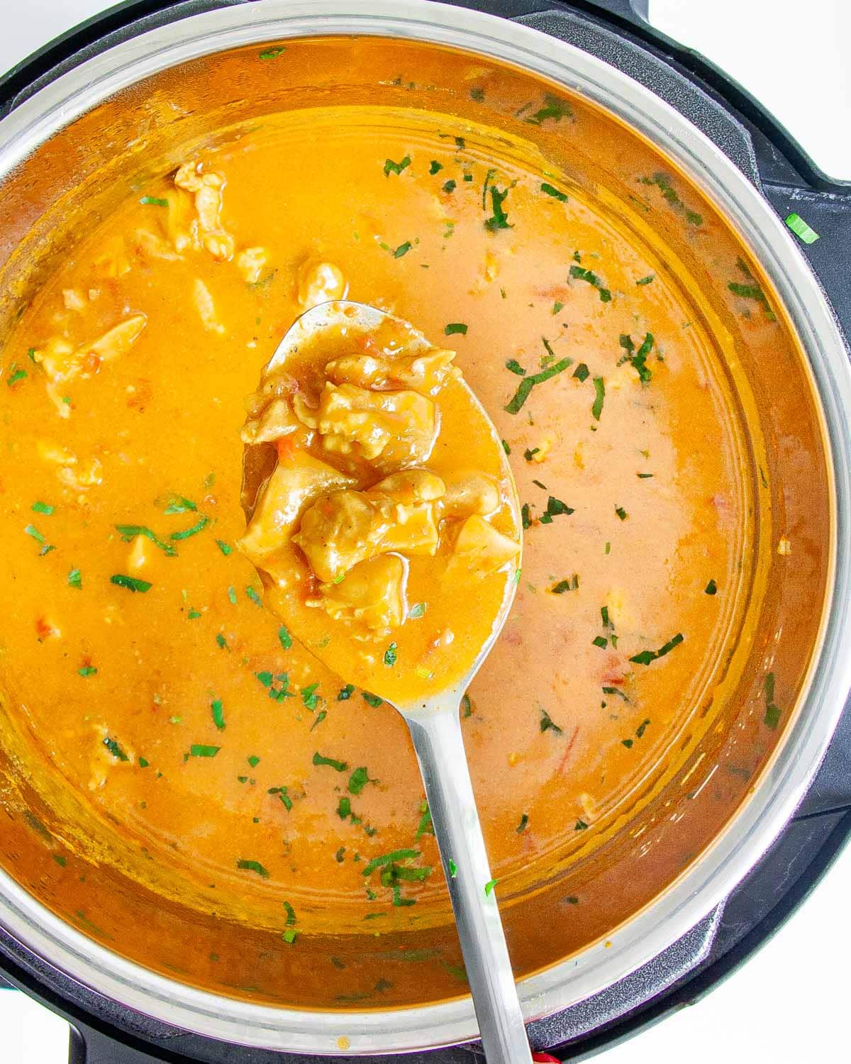overhead shot of a serving spoon holding a spoonful of coconut curry chicken over an instant pot