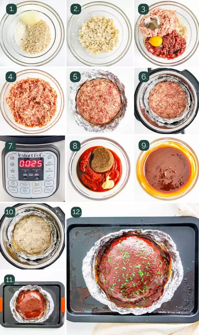 detailed process shots showing how to make meatloaf in the instant pot