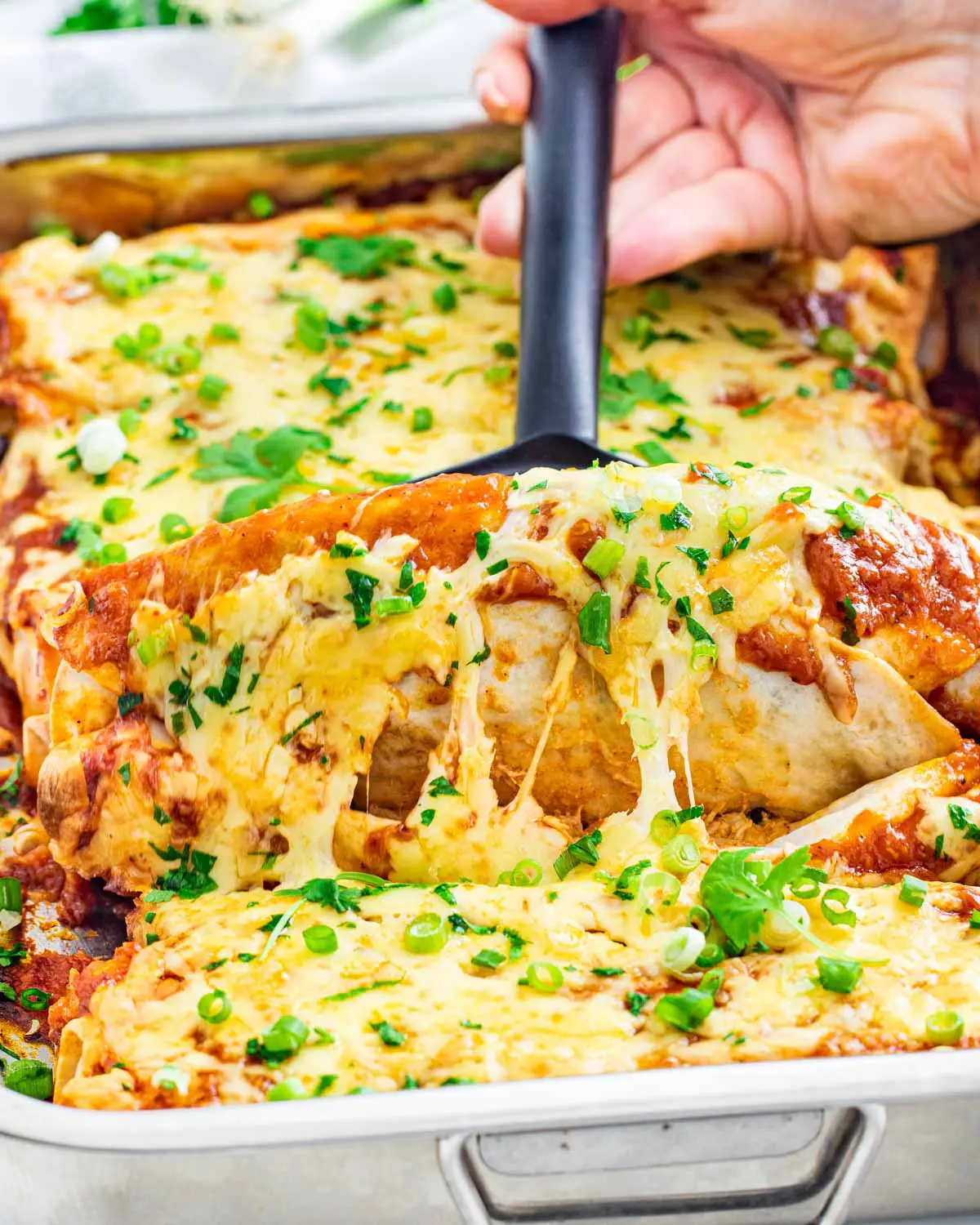 side view shot of a hand lifting up 2 chicken enchiladas from a casserole dish with a spatula