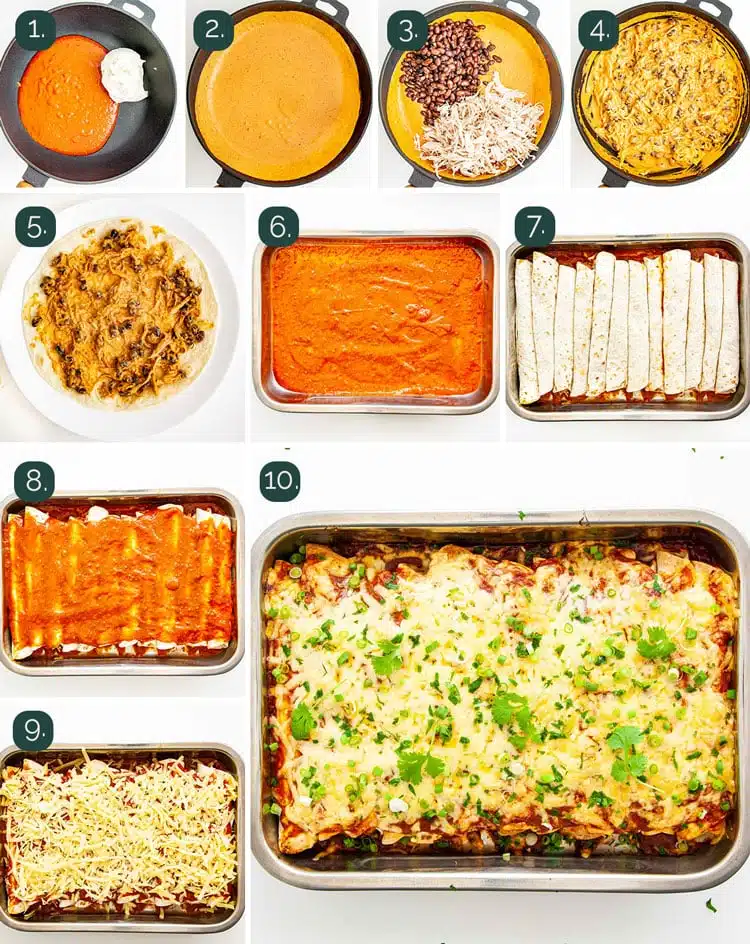 detailed process shots showing how to make chicken enchiladas