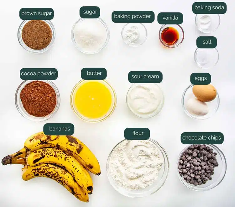 overhead shot of all the ingredients needed to make chocolate banana bread