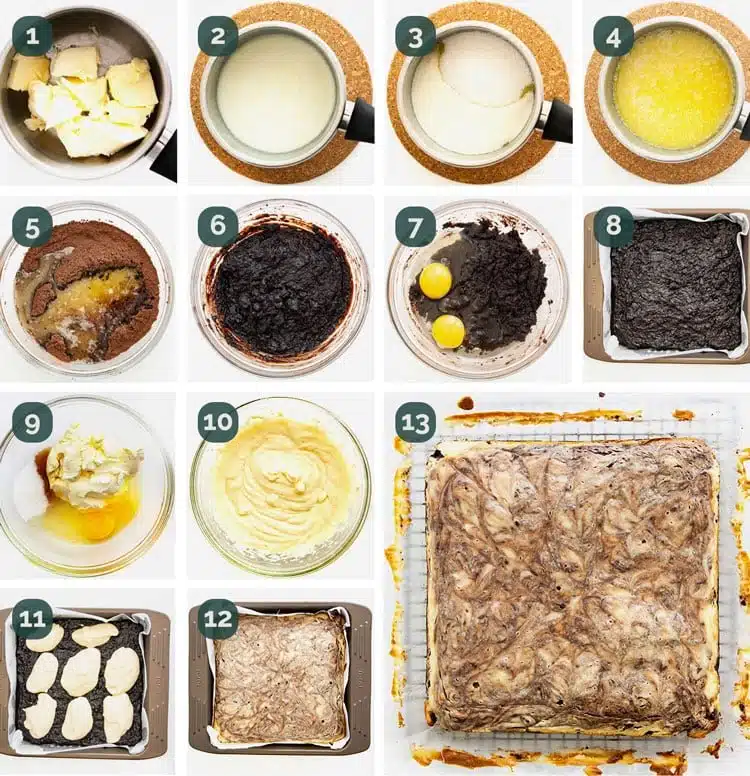 detailed process shots showing how to make cream cheese brownies