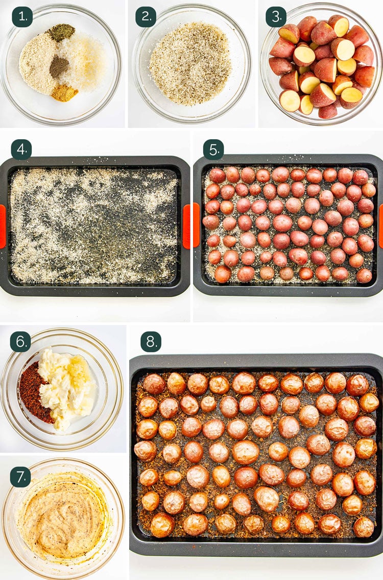 detailed process shots showing how to make crispy parmesan potatoes