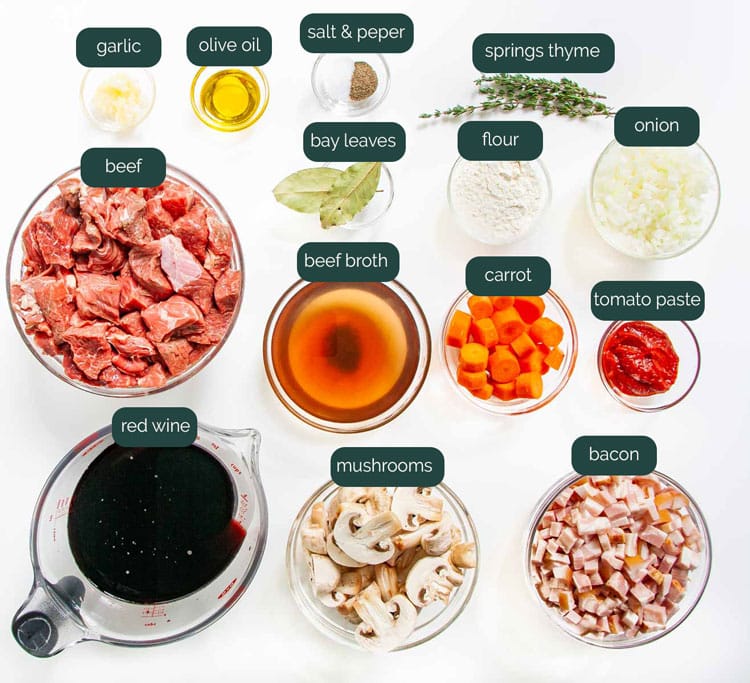 overhead shot of all the ingredients needed to make beef bourguignon