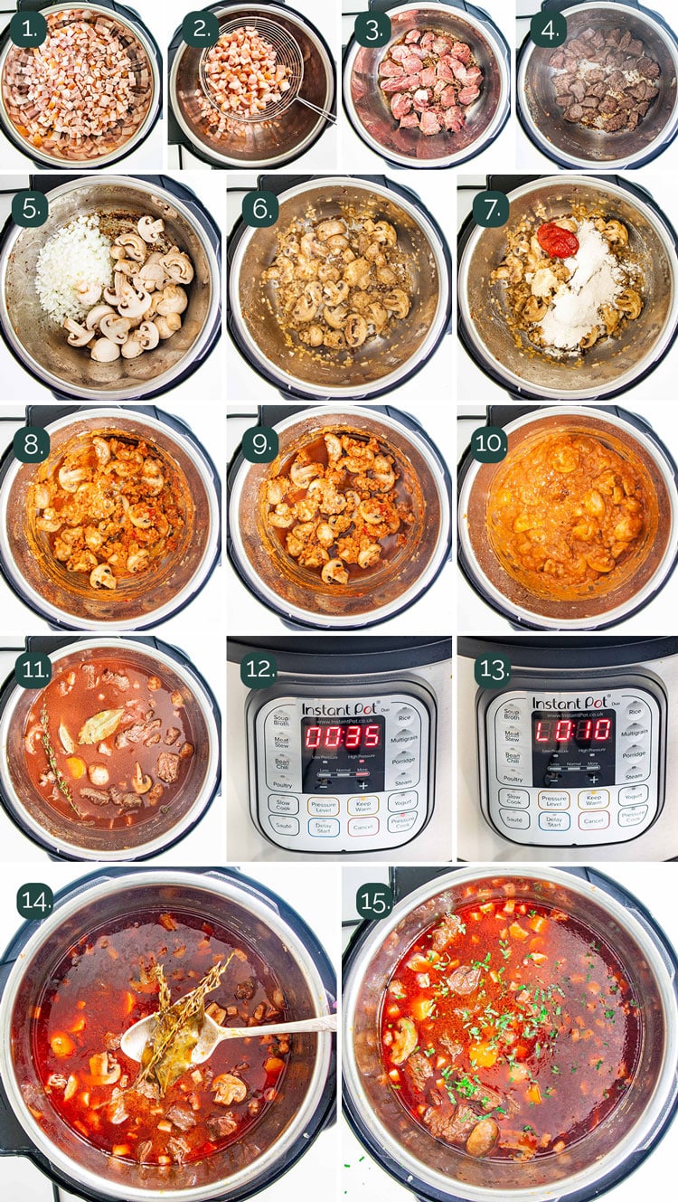 detailed process shots showing how to make beef bourguignon in an instant pot