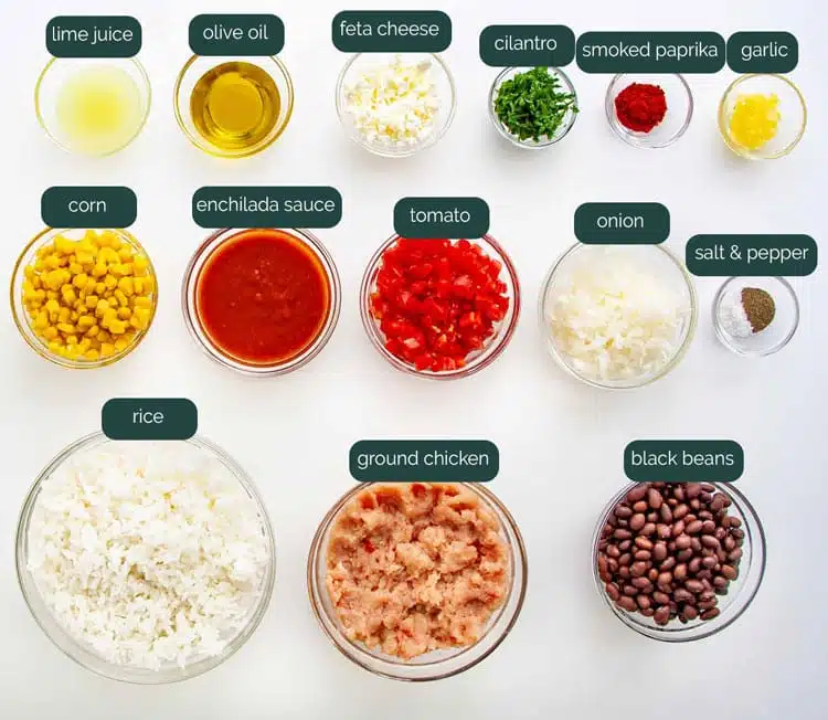 overhead shot of all the ingredients needed to make mexican fried rice