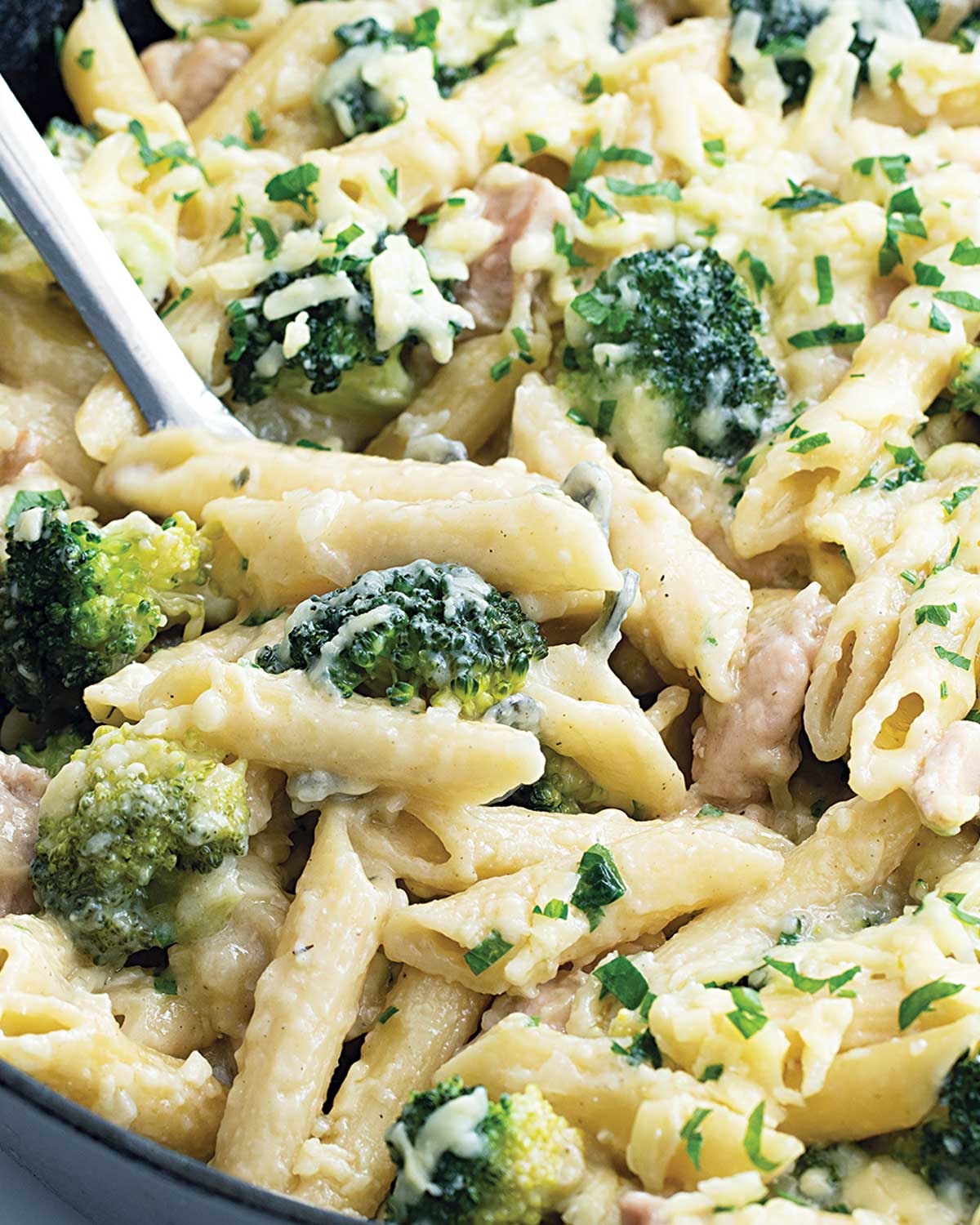 closeup of broccoli chicken casserole in a skillet.