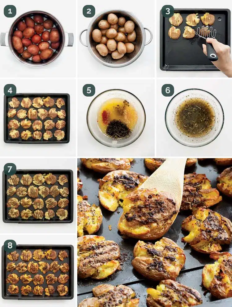detailed process shots showing how to make smashed potatoes