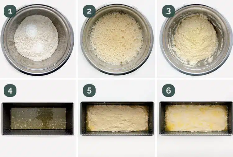 detailed process shots showing how to make honey beer bread.