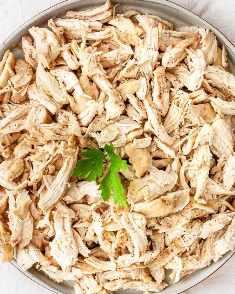 overhead shot of shredded chicken on a plate