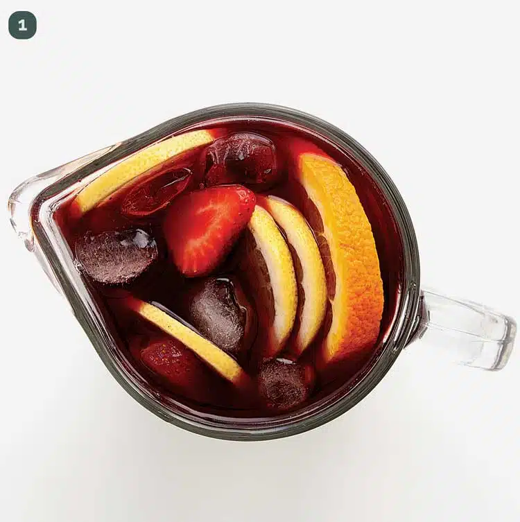 overhead shot of red sangria in a pitcher