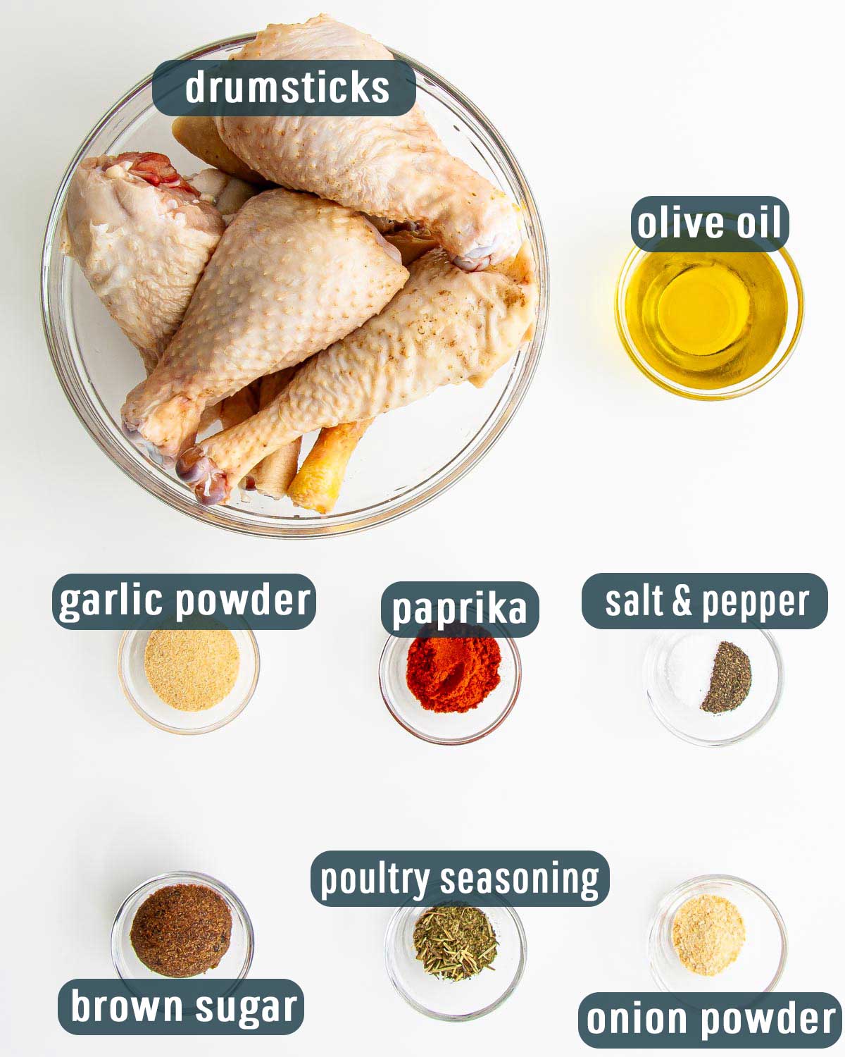 overhead shot of all ingredients needed to make baked chicken drumsticks.