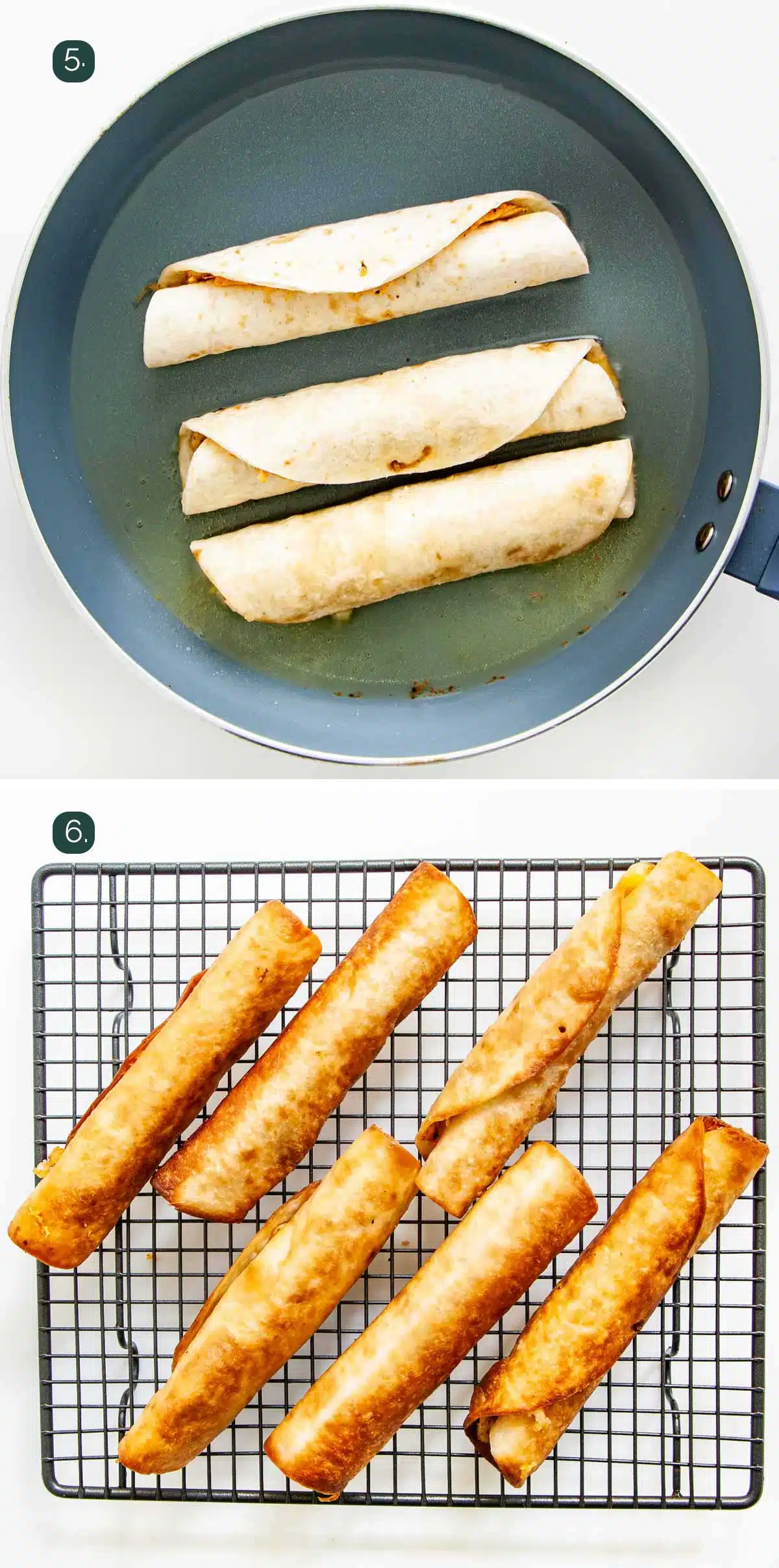 process shots showing how to fry chicken taquitos.