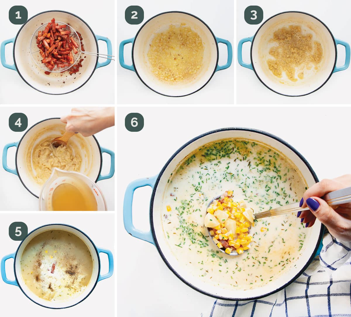 detailed process shots showing how to make corn chowder.