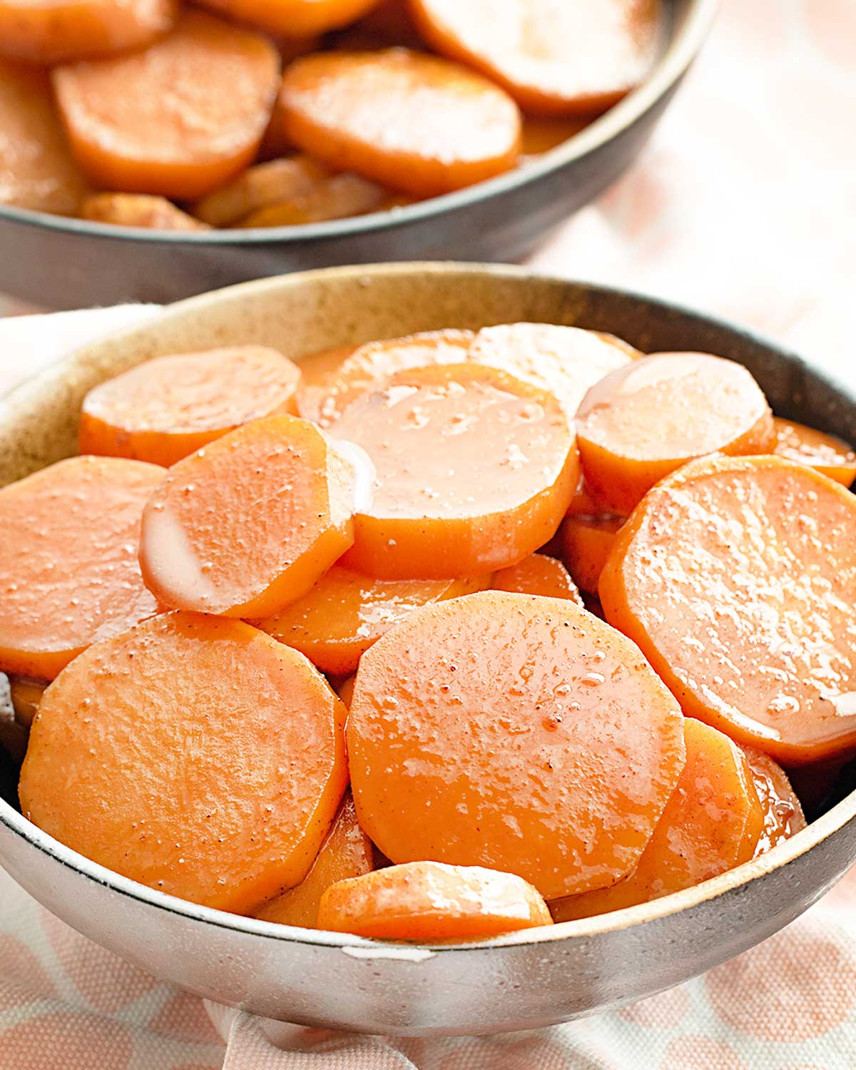 candied yams in a bowl.