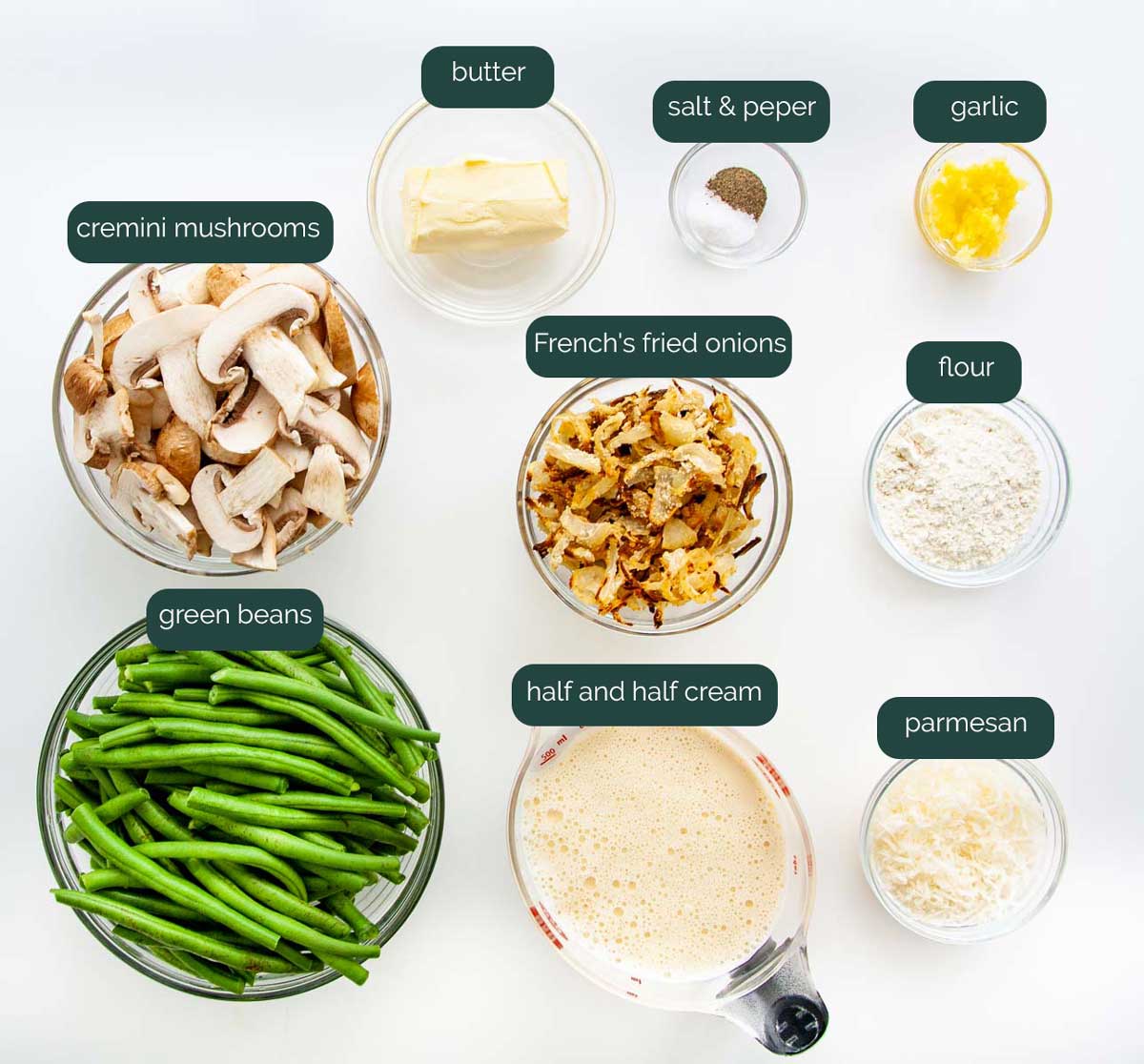 overhead shot of all the ingredients needed to make green bean casserole.