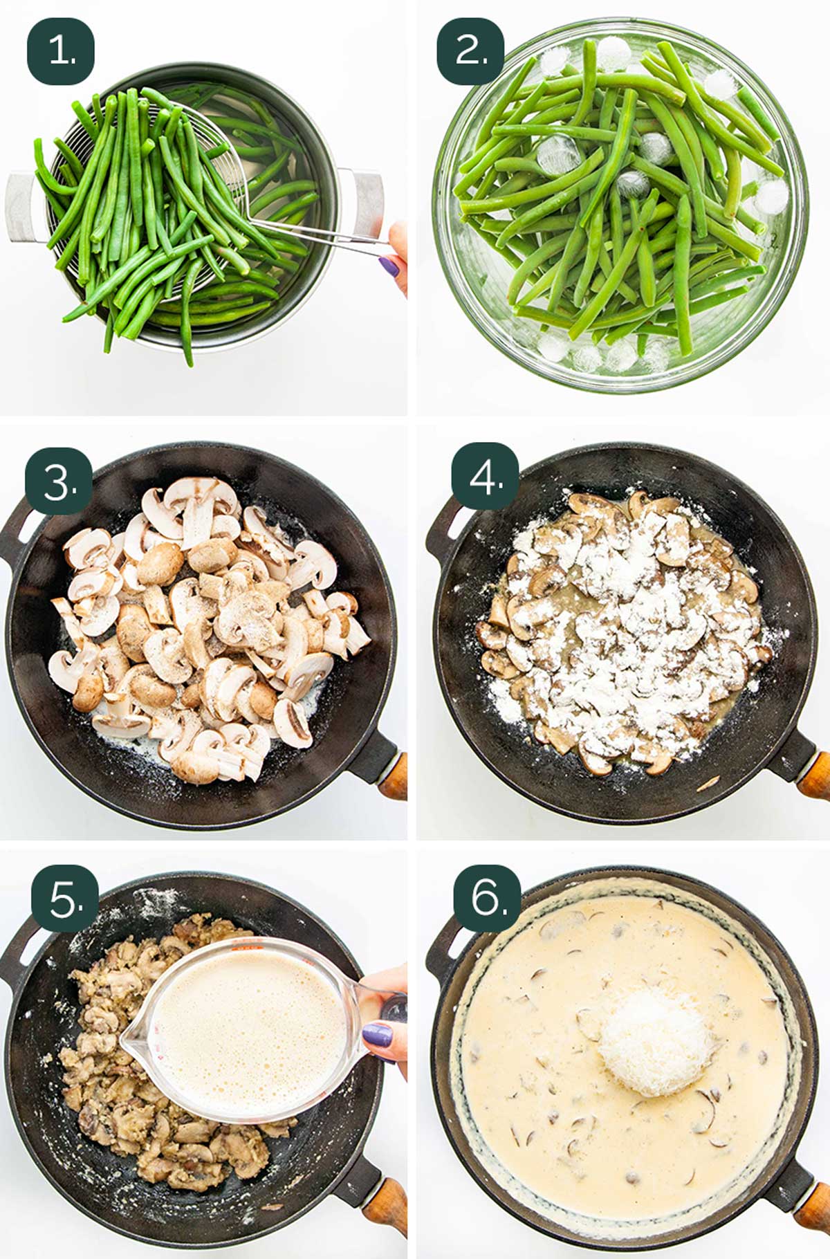 detailed process shots showing how to make green bean casserole.