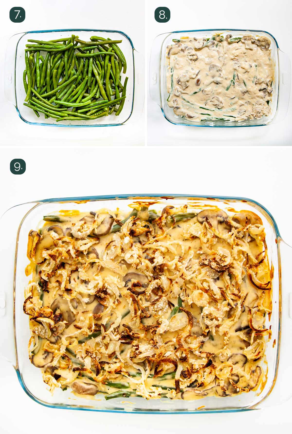 detailed process shots showing how to finish making green bean casserole.