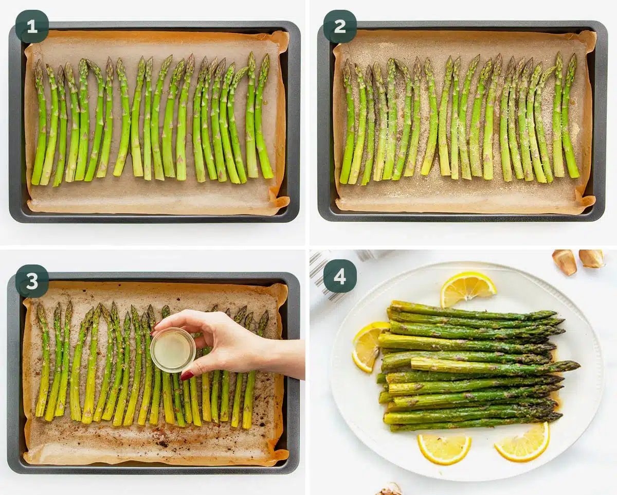 detailed process shots showing how to roast asparagus.