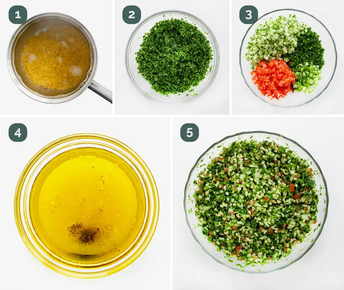 process shots showing how to make tabbouleh salad.