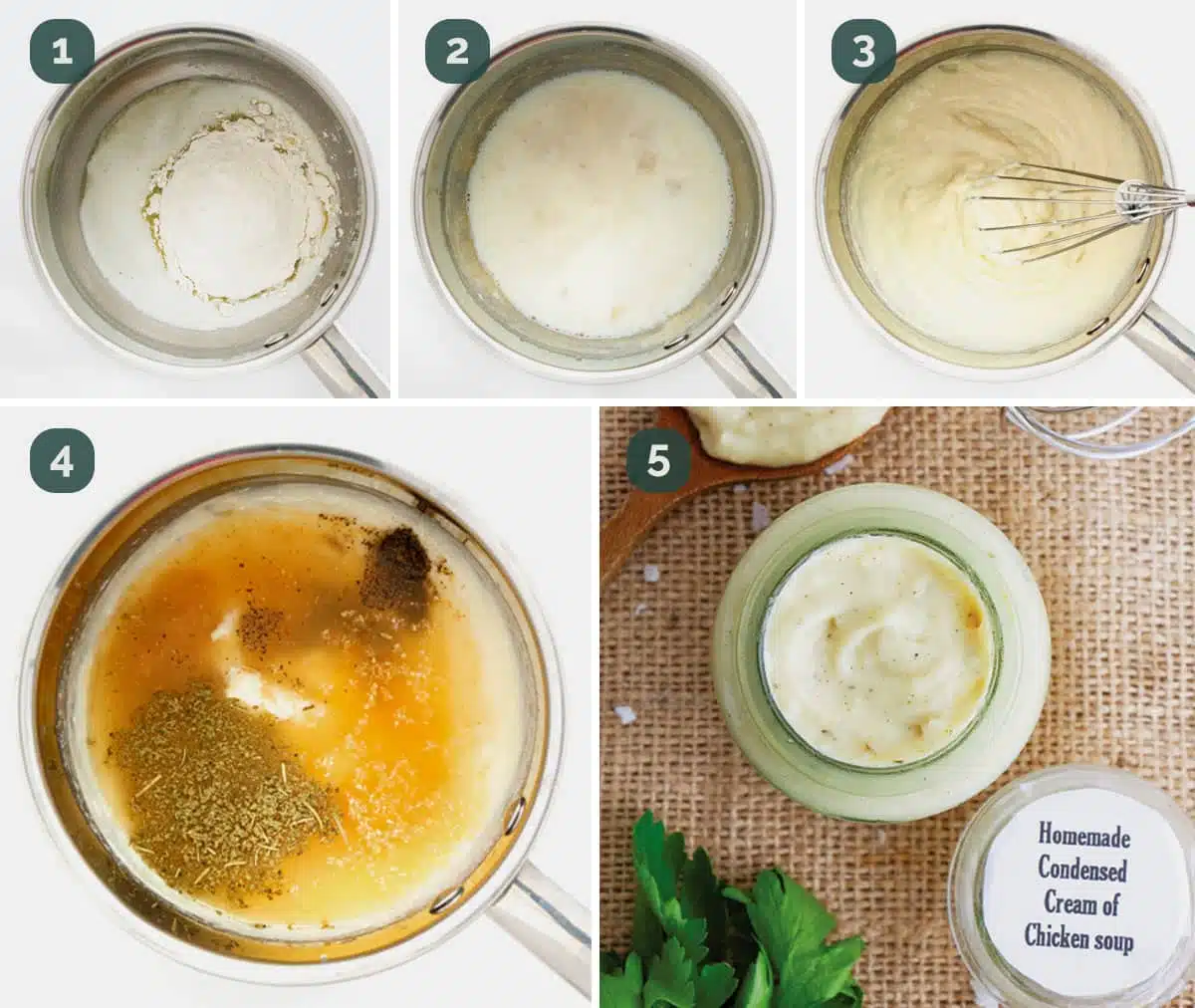process shots showing how to make condensed cream of chicken soup.