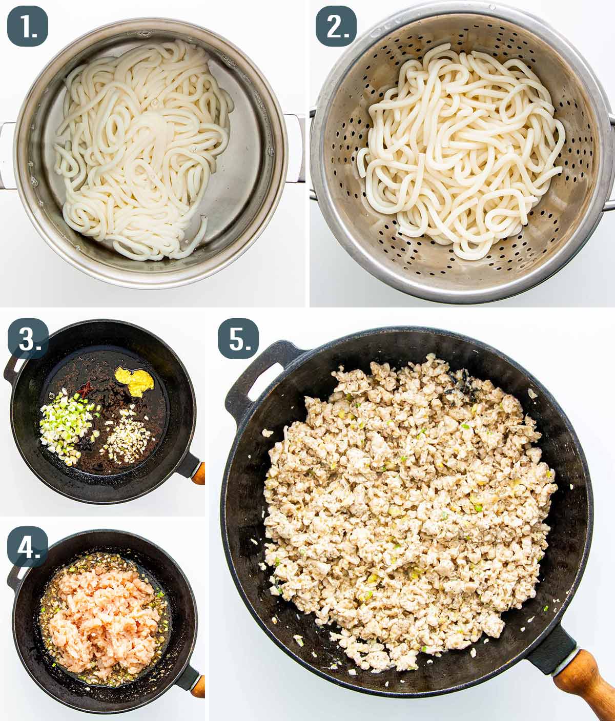 process shots showing how to make quick chicken peanut noodles.