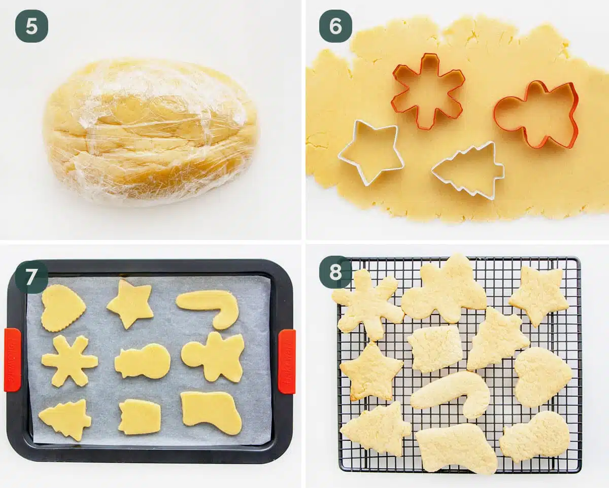 process shots showing how to cut dough for sugar cookies.