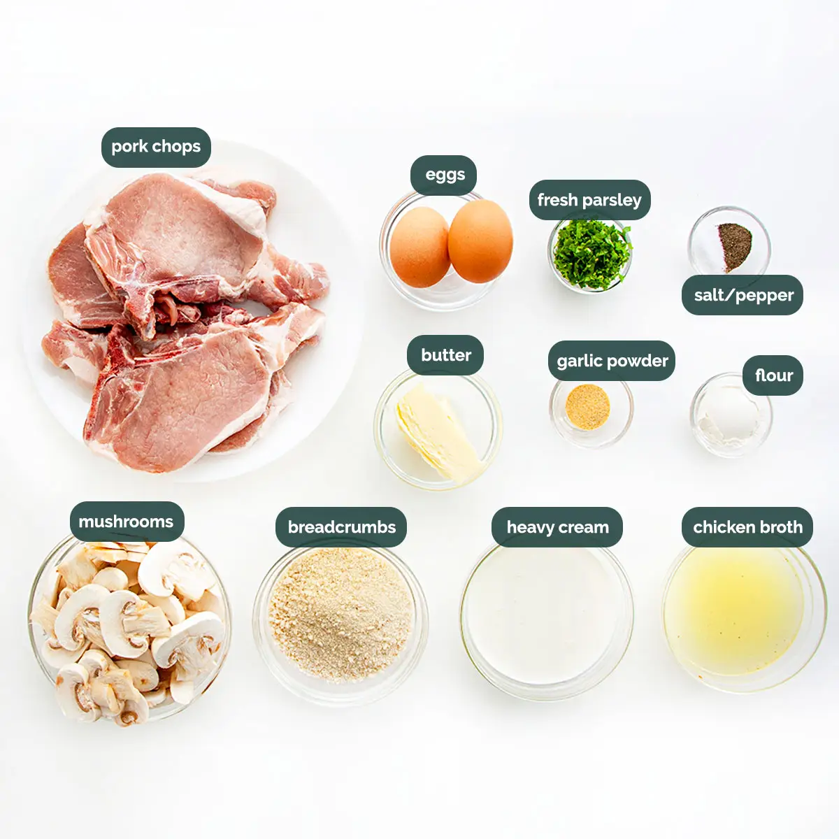 overhead shot of ingredients needed for mushroom pork chops.