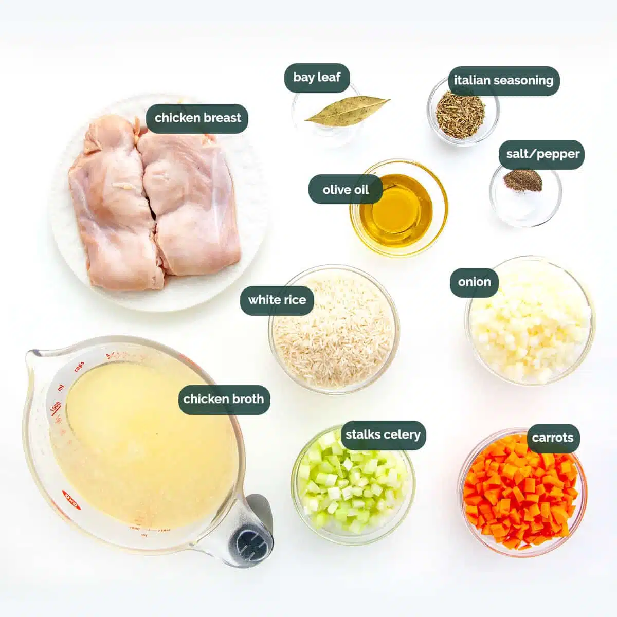 overhead shot of ingredients needed to make chicken and rice soup.