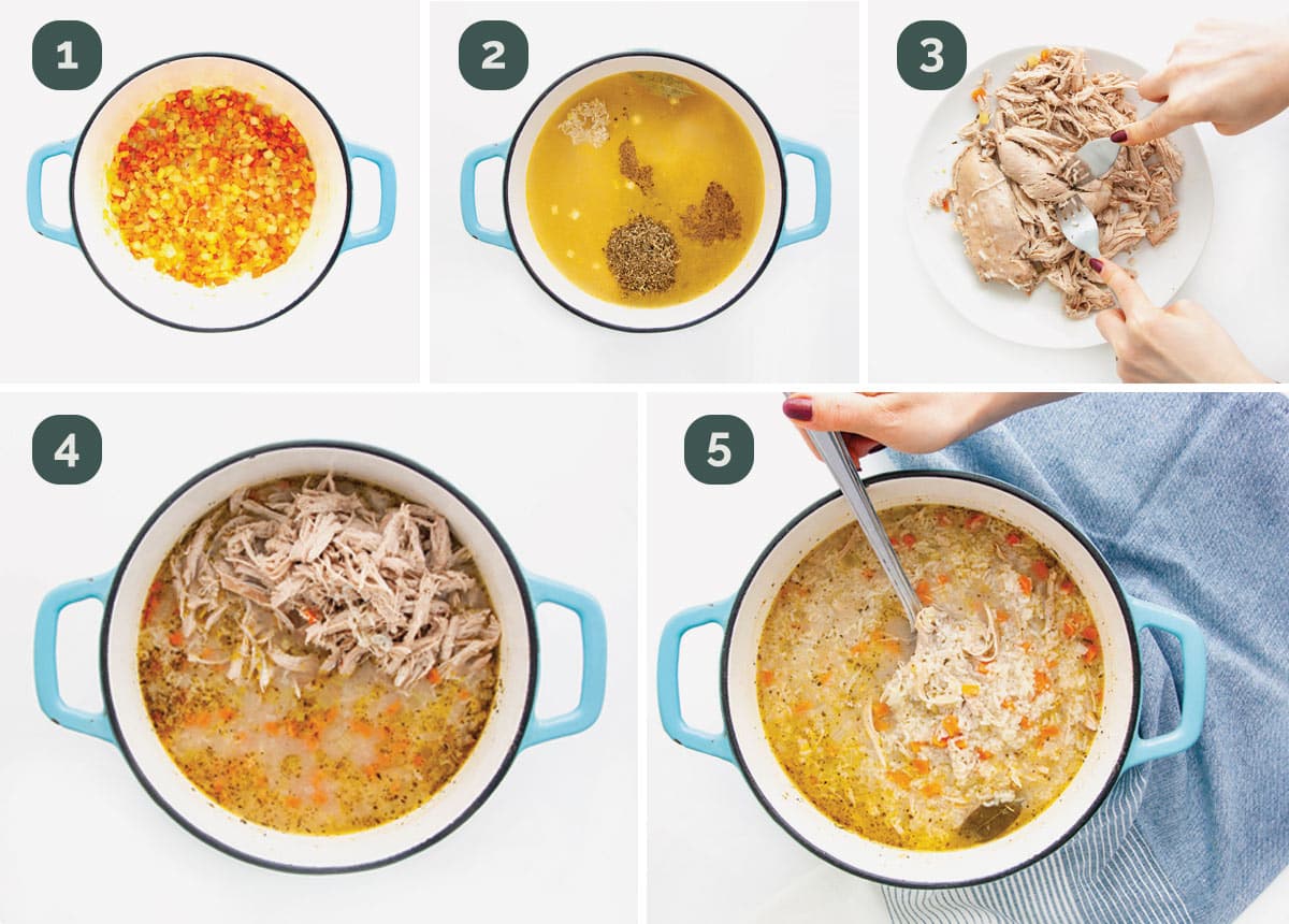 detailed process shots showing how to make chicken and rice soup.