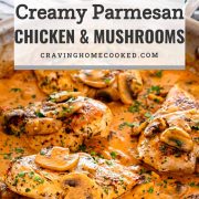 pin for creamy parmesan chicken and mushrooms.